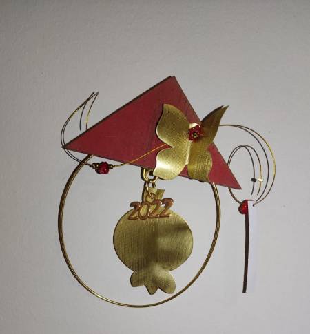 Charm hanging with bronze pomegranate and butterflies and wooden roof