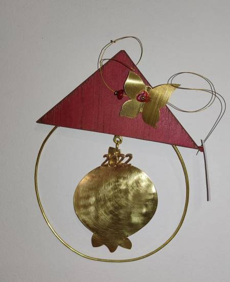 Charm hanging with bronze pomegranate and butterflies and wooden roof